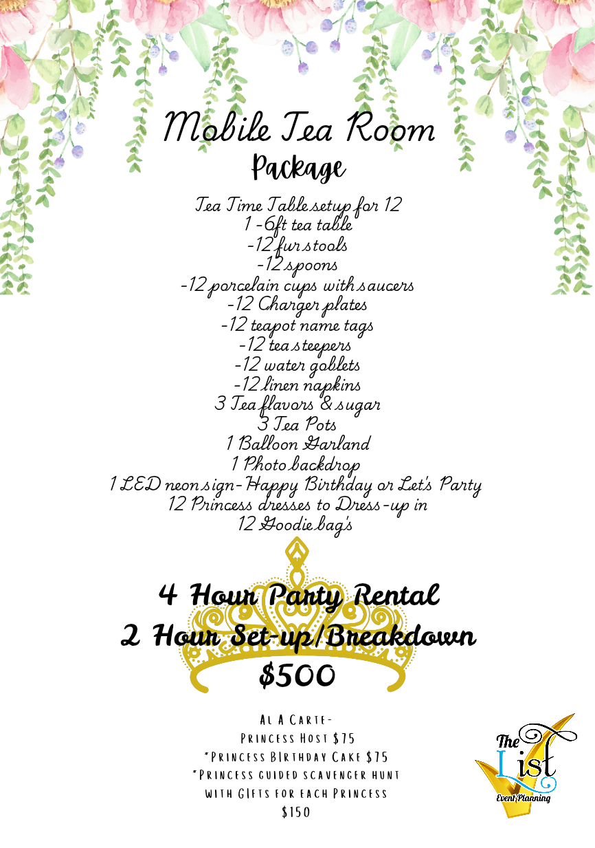 Mobile Tea Room packages flyer: rental details and $500 price.