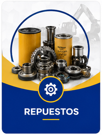 Surtido de repuestos de metal y filtros de aceite sobre un fondo azul con la palabra “REPUESTOS”.