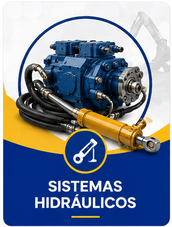 Bomba y mangueras hidráulicas azules con texto “Sistemas Hidráulicos” en fondo blanco y azul