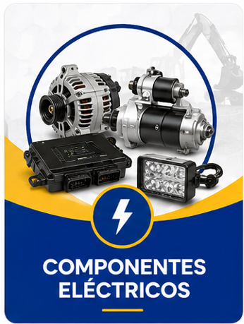 Componentes eléctricos: alternador, motor de arranque, caja electrónica y luces sobre fondo azul y amarillo