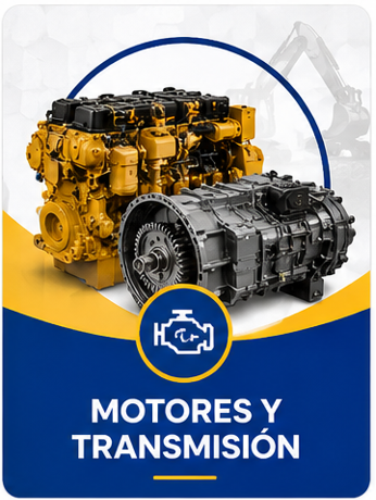 Motores y transmisión: dos motores industriales, uno amarillo y otro negro, sobre fondo blanco y azul.