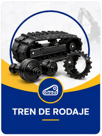 Piezas de vehículos oruga en blanco y negro con una pancarta azul y amarilla que dice “TREN DE RODAJE”