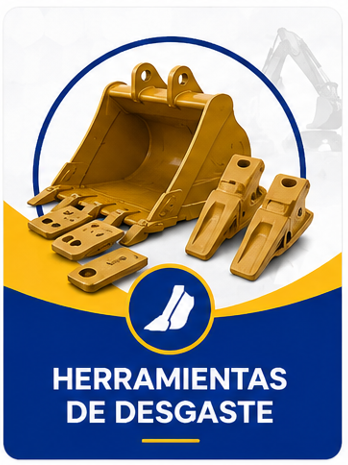 Equipo de desgaste amarillo para excavadora con texto “HERRAMIENTAS DE DESGASTE” sobre fondo blanco y azul