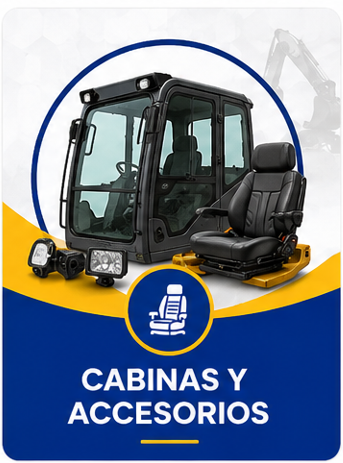 Cabina de excavadora negra con accesorios, sobre fondo azul y amarillo, texto “CABINAS Y ACCESORIOS”