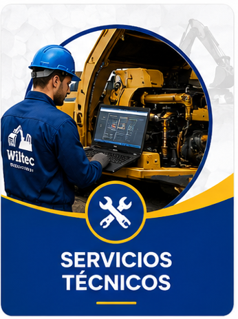 Técnico con casco azul inspecciona maquinaria industrial; banner azul dice “SERVICIOS TÉCNICOS”.