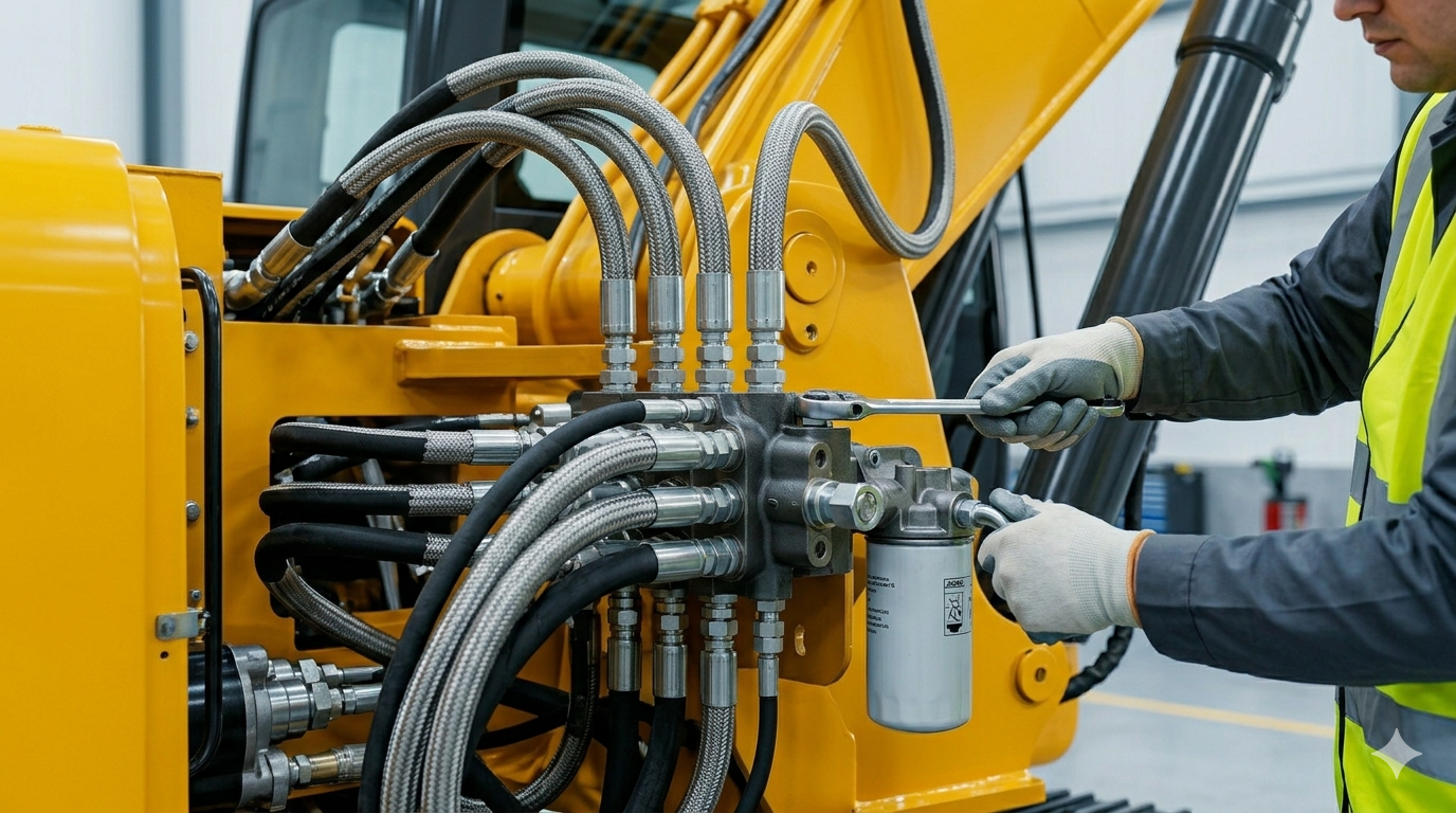 Un trabajador inspecciona las mangueras hidráulicas de una máquina industrial amarilla.