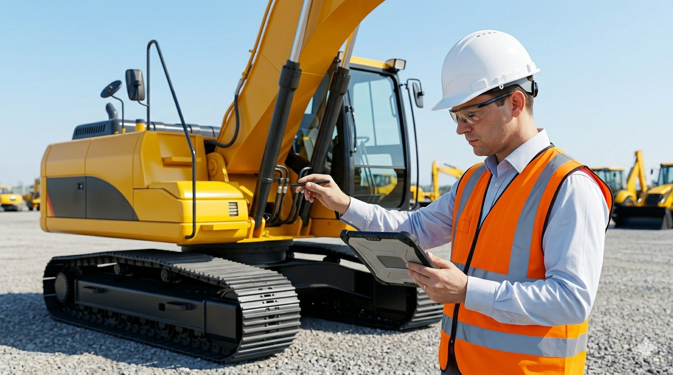 Obrero de la construcción con chaleco naranja y casco blanco inspeccionando una excavadora amarilla en un terreno de grava.