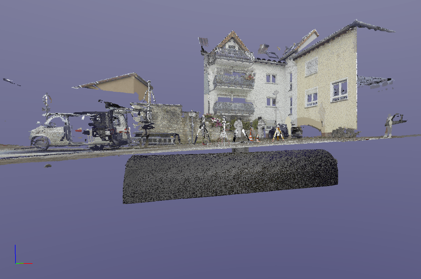 Ein 3D-Modell eines Hauses auf violettem Hintergrund.