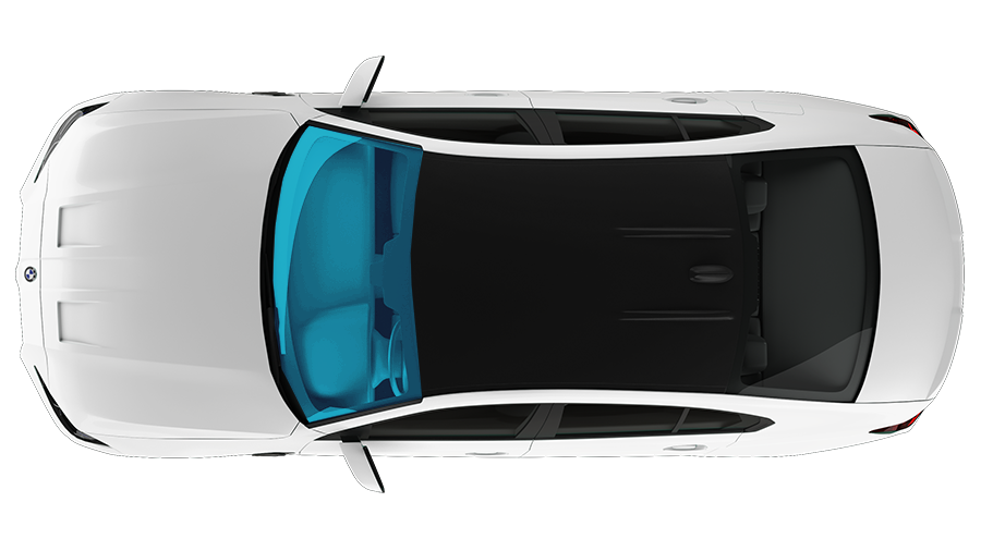 White car from a top-down perspective, with black roof and blue windshield.