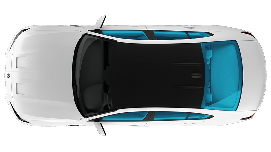 White car with a panoramic sunroof, viewed from above.