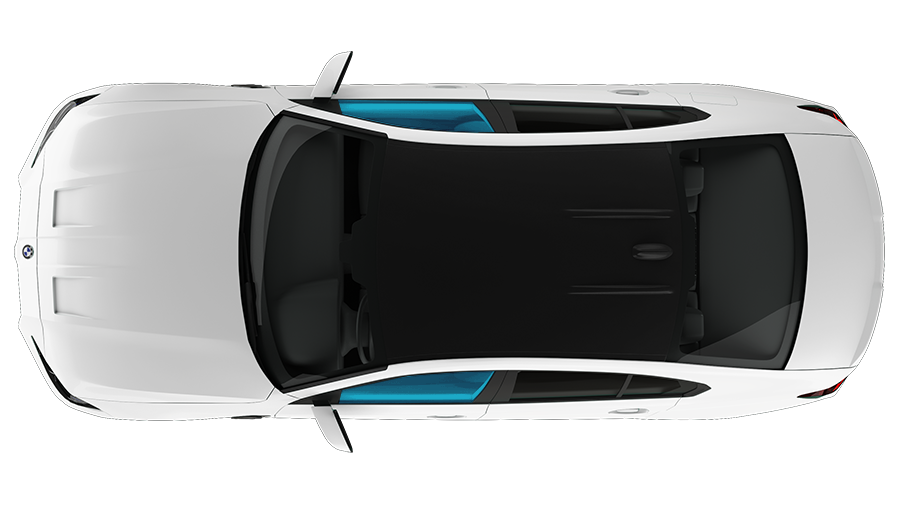 White car from a top-down perspective, with black roof and teal accents on side windows.