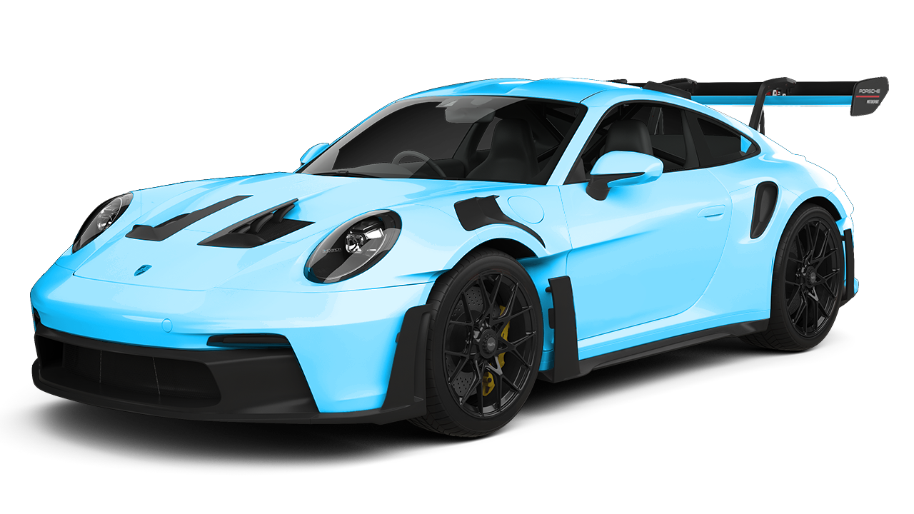 Light blue Porsche 911 GT3 RS sports car with black accents.