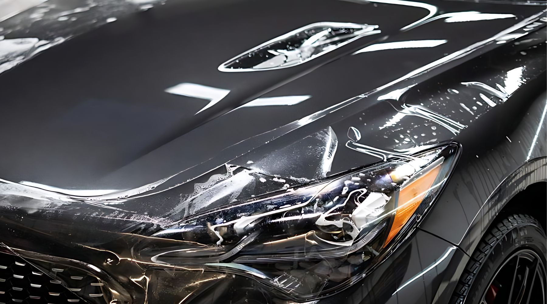 PPF Installation A black car with paint protection film (PPF) being applied to the front section, including the hood and headlights. The transparent film is partially laid, showing the installation process with water and solution aiding smooth adhesion.