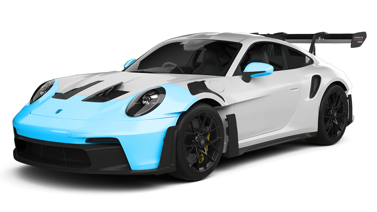 White Porsche 911 GT3 RS with blue accents, black wheels, and large rear wing.
