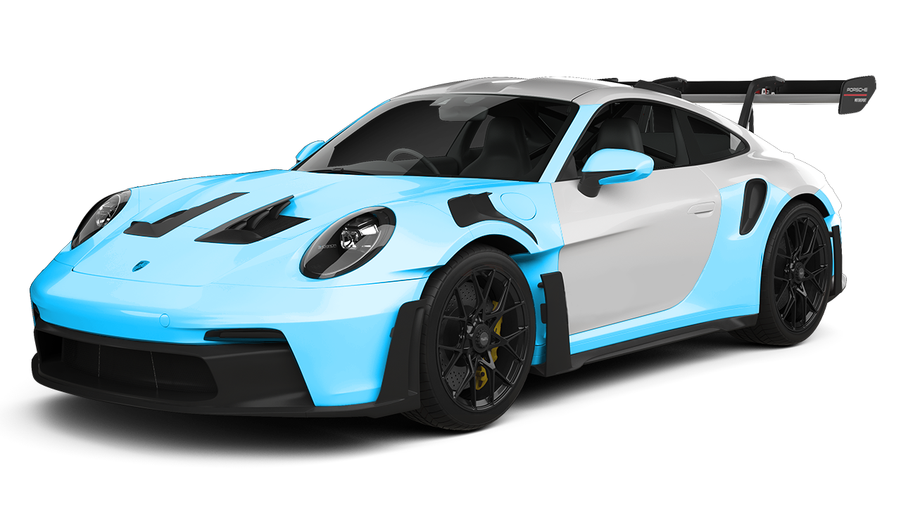 Light blue and silver Porsche 911 GT3 RS sports car, front view.