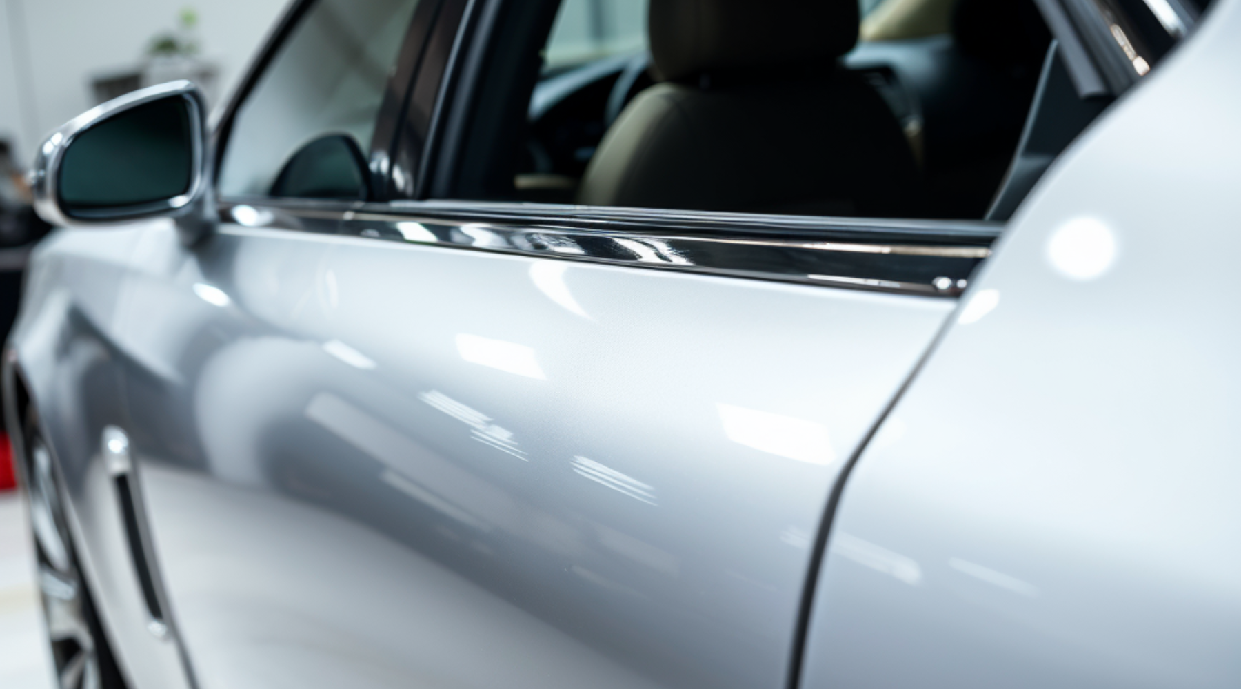 The image shows a close-up of a sleek, silver car's side panel and side mirror, emphasizing the smoo