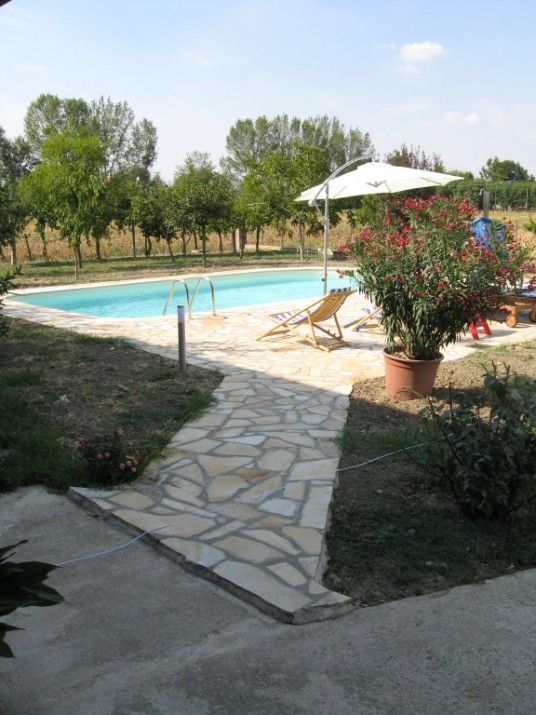 Un sentiero in pietra conduce a una piscina con un cespuglio di fiori rossi, un ombrellone e degli alberi sullo sfondo.