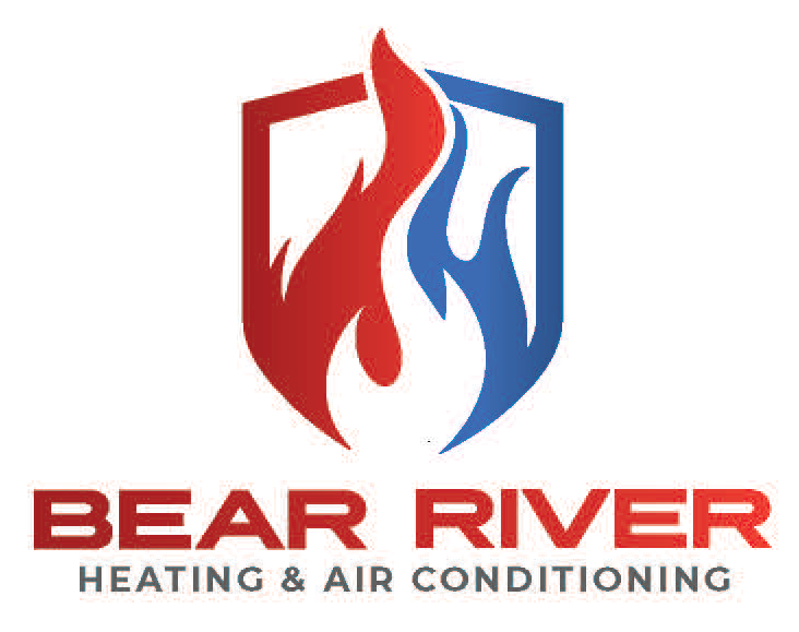 Logo for Bear River Heating & Air Conditioning: Shield with red and blue flames.