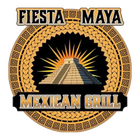 Logo for Fiesta Maya Mexican Grill featuring a Mayan pyramid icon against a golden sunburst and patterned circular border.