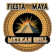 Logo for Fiesta Maya Mexican Grill featuring a Mayan pyramid icon against a golden sunburst and patterned circular border.