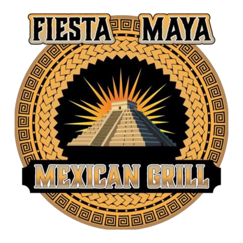 Logo for Fiesta Maya Mexican Grill featuring a Mayan pyramid icon against a golden sunburst and patterned circular border.