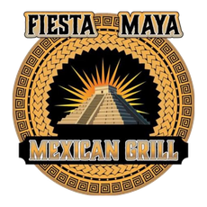 Logo for Fiesta Maya Mexican Grill featuring a Mayan pyramid icon against a golden sunburst and patterned circular border.