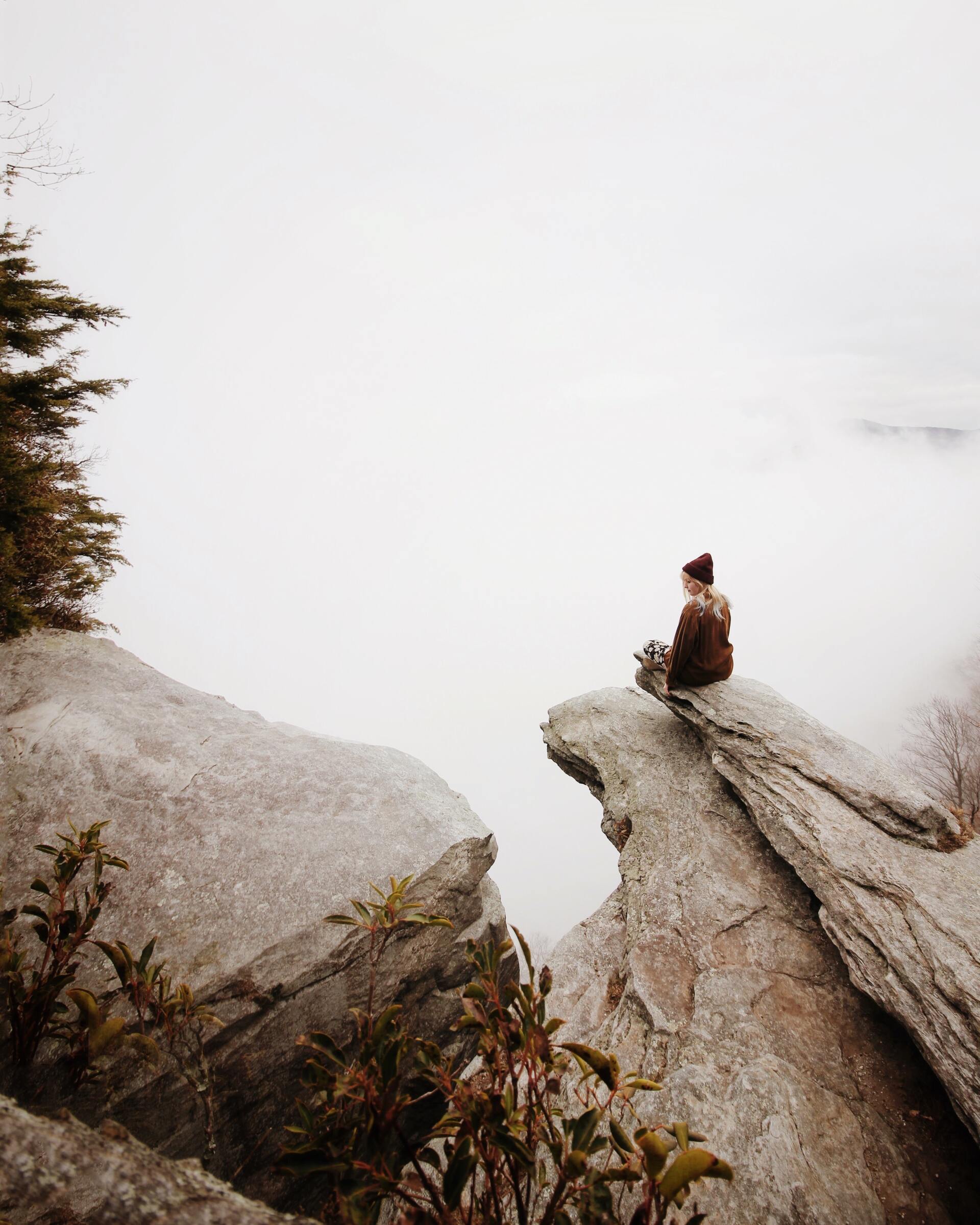 Man sitting on the edge of a cliff with mist blocking the view with a pine tree