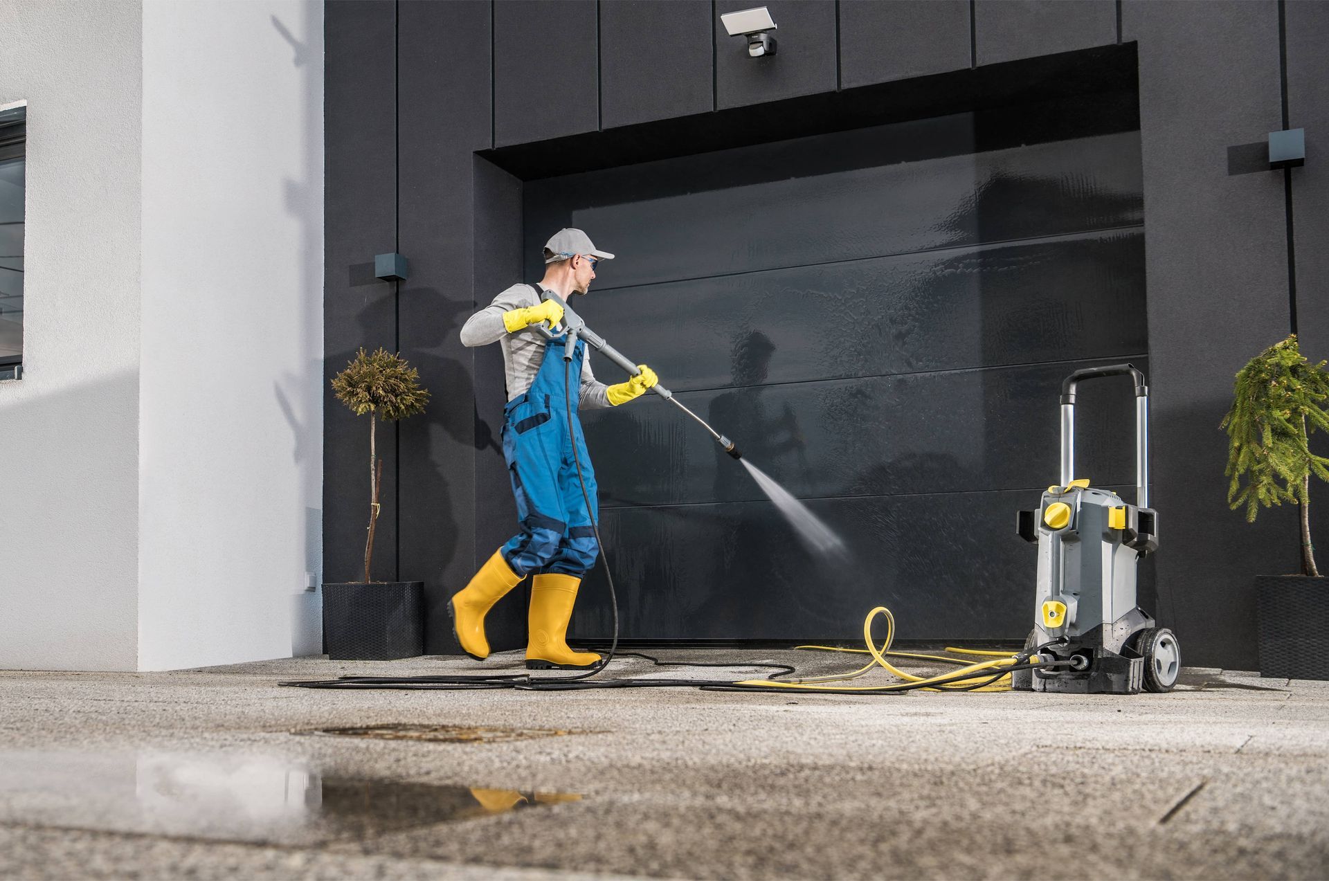 Worker cleaning a street sidewalk with high pressure for EDM Home Services