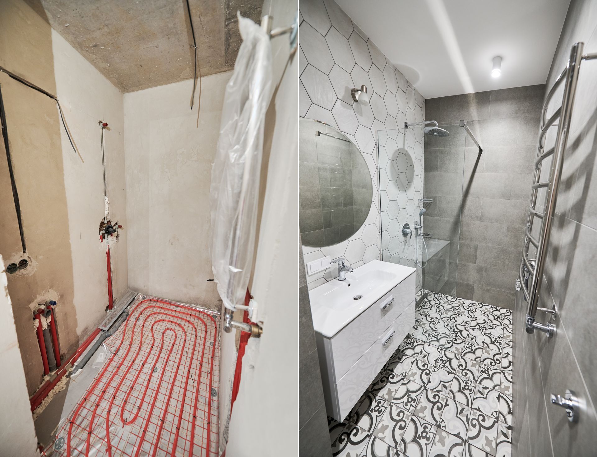 Bathroom with heated floor before and after renovation