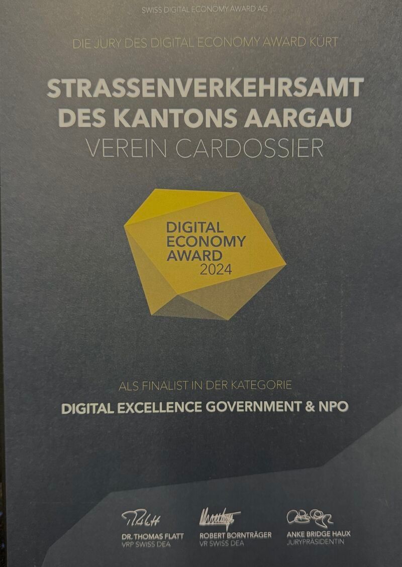 digital economy award Strassenverkehrsamt des Kantons Aargau und Verein cardossier