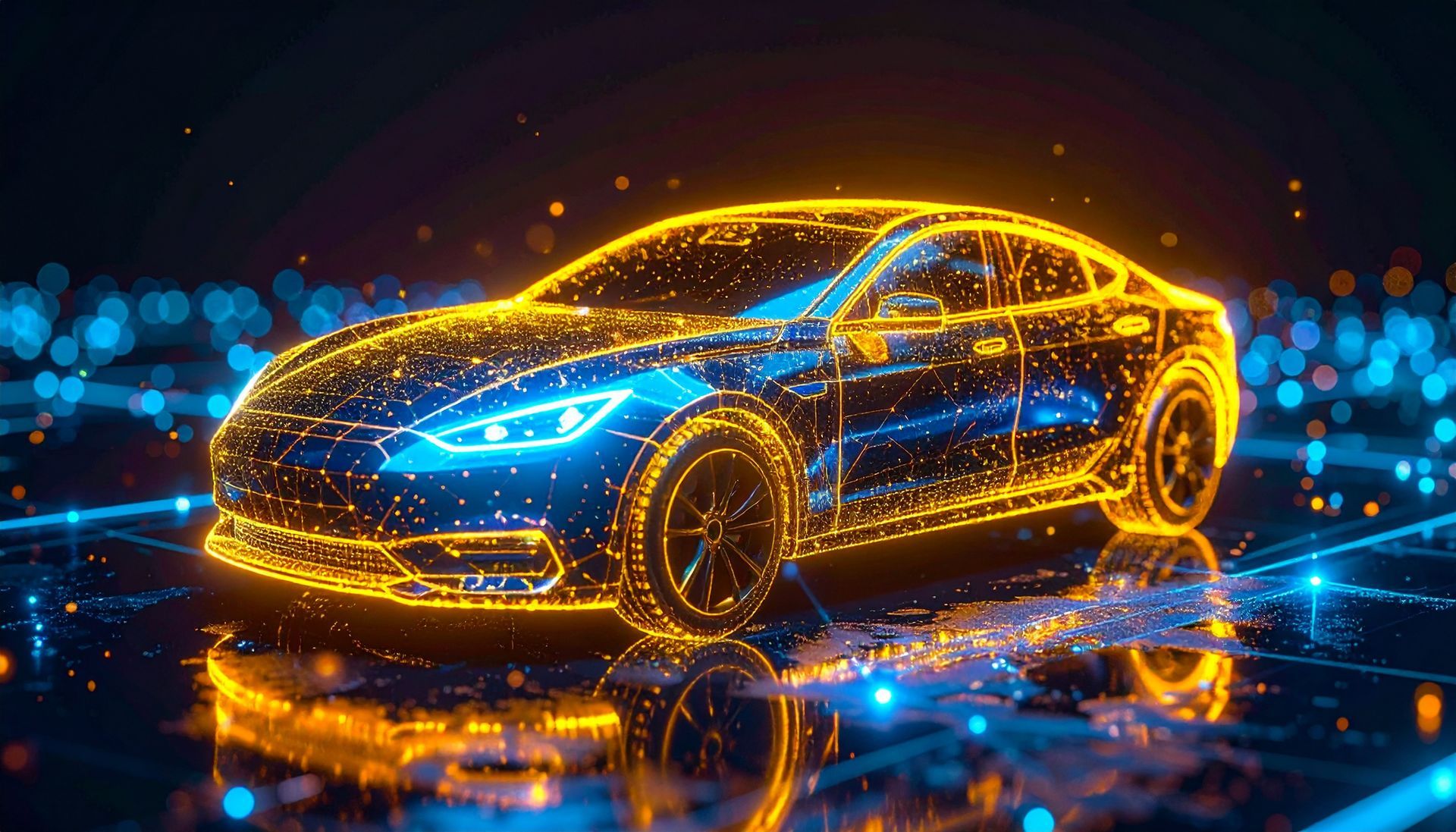 Digitale Darstellung eines blauen Autos mit gelb und blau leuchtenden Linien und Details auf einer dunklen reflektierenden Oberfläche.