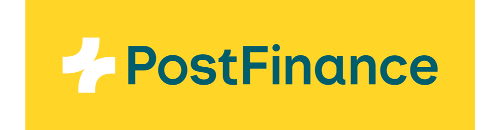 Das Logo von Post Finance steht auf gelbem Grund.