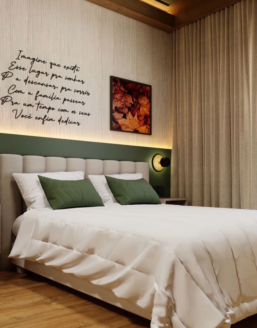 Um quarto com uma cama e um quadro na parede.