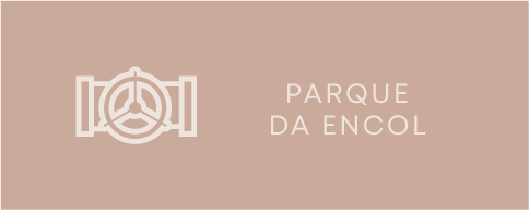 A logo for parque da encol on a beige background.