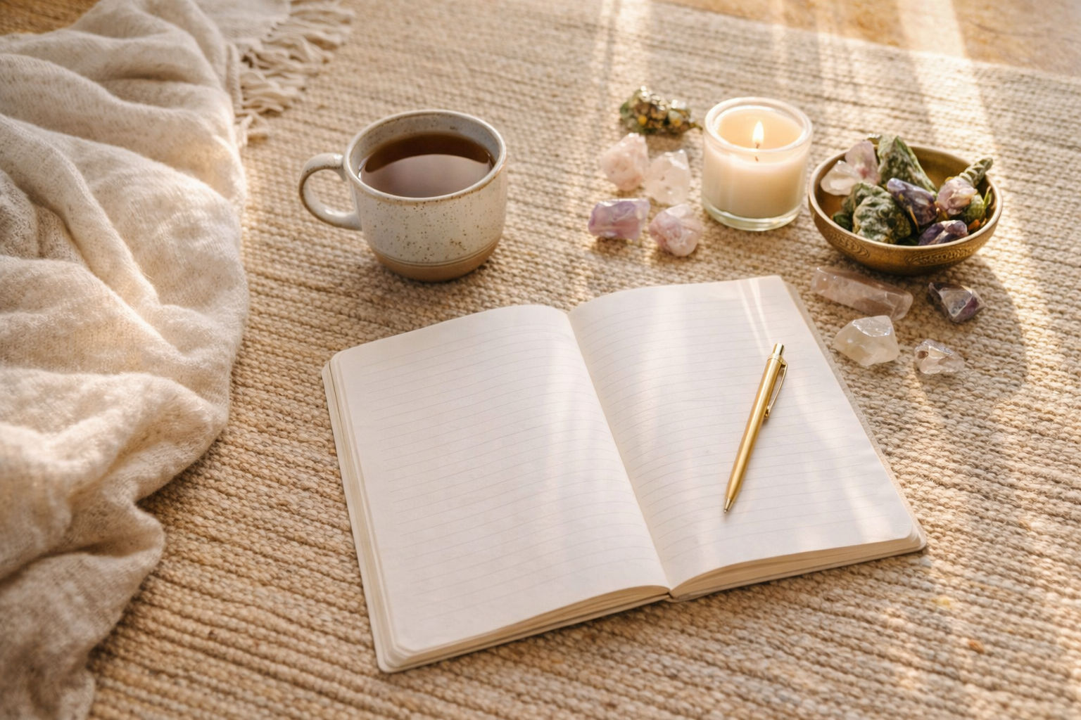 Open journal, tea, candle, and crystals in warm sunlight—calm preparation space