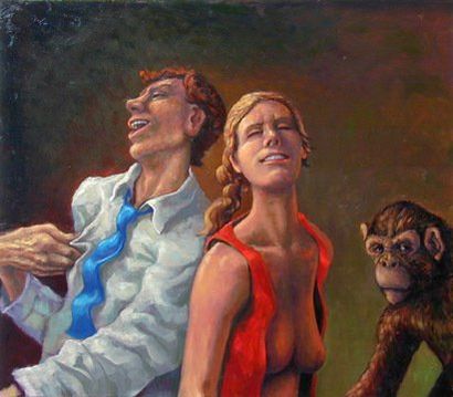 Laughing Man, Woman, and Monkey, 2004 Oil on canvas, 42