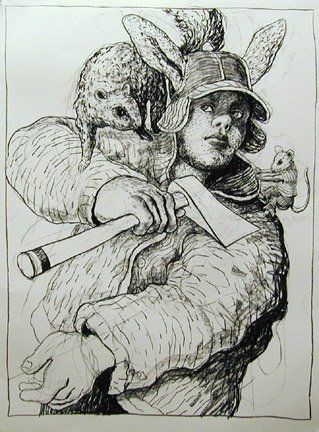 Rabbitman with Ax and Squirrel, 2003 Charcoal, 50 