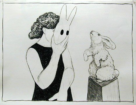 Woman with Mask and Rabbit, 2003 Charcoal, 38