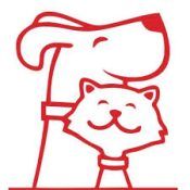 Red outline of a dog and cat hugging each other with smiling faces.