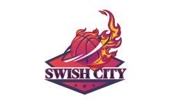 Logo for "Swish City" basketball team, featuring a flaming basketball above the team's name in a shield shape with stars.