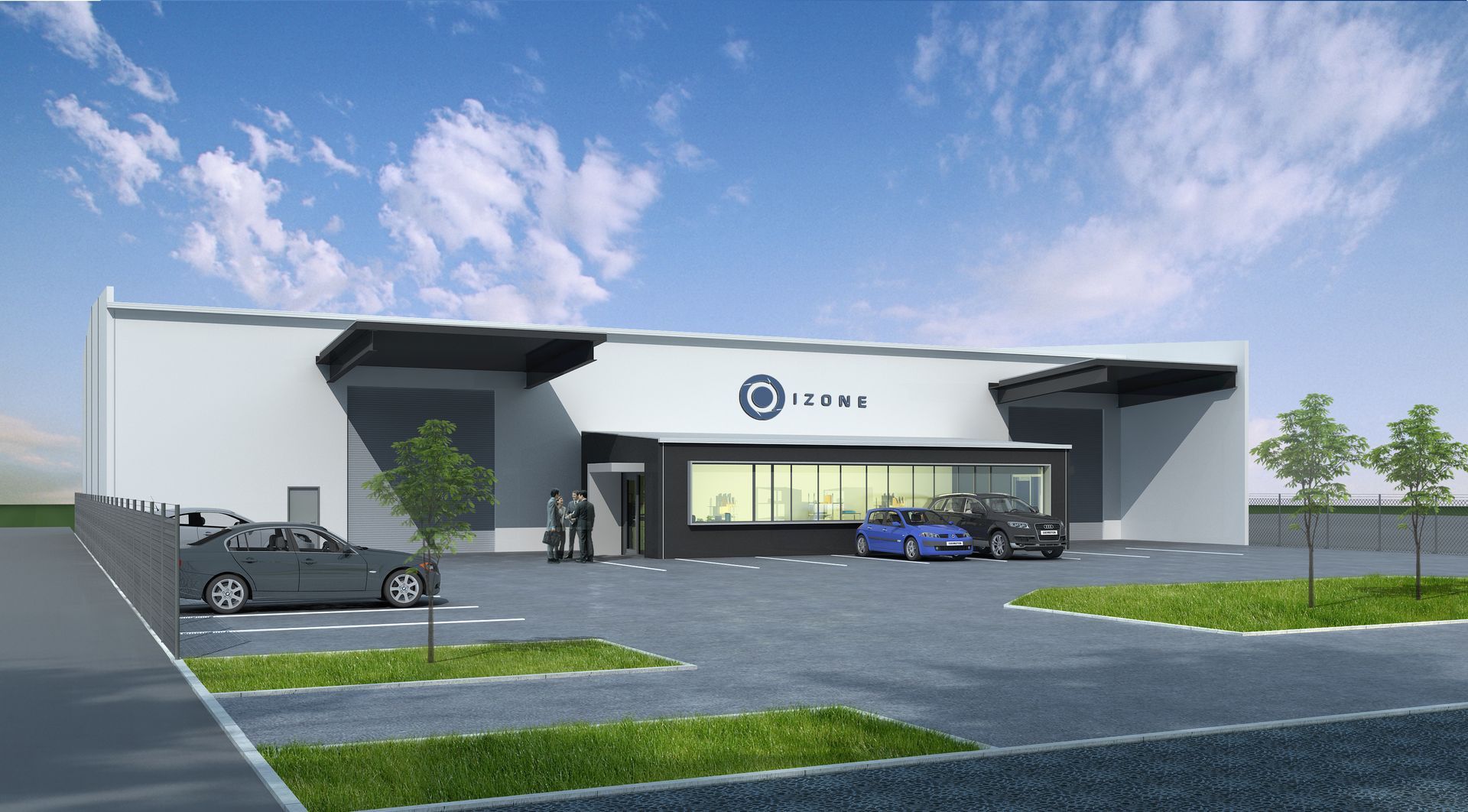 Three people are walking on a conveyor belt in a factory.
