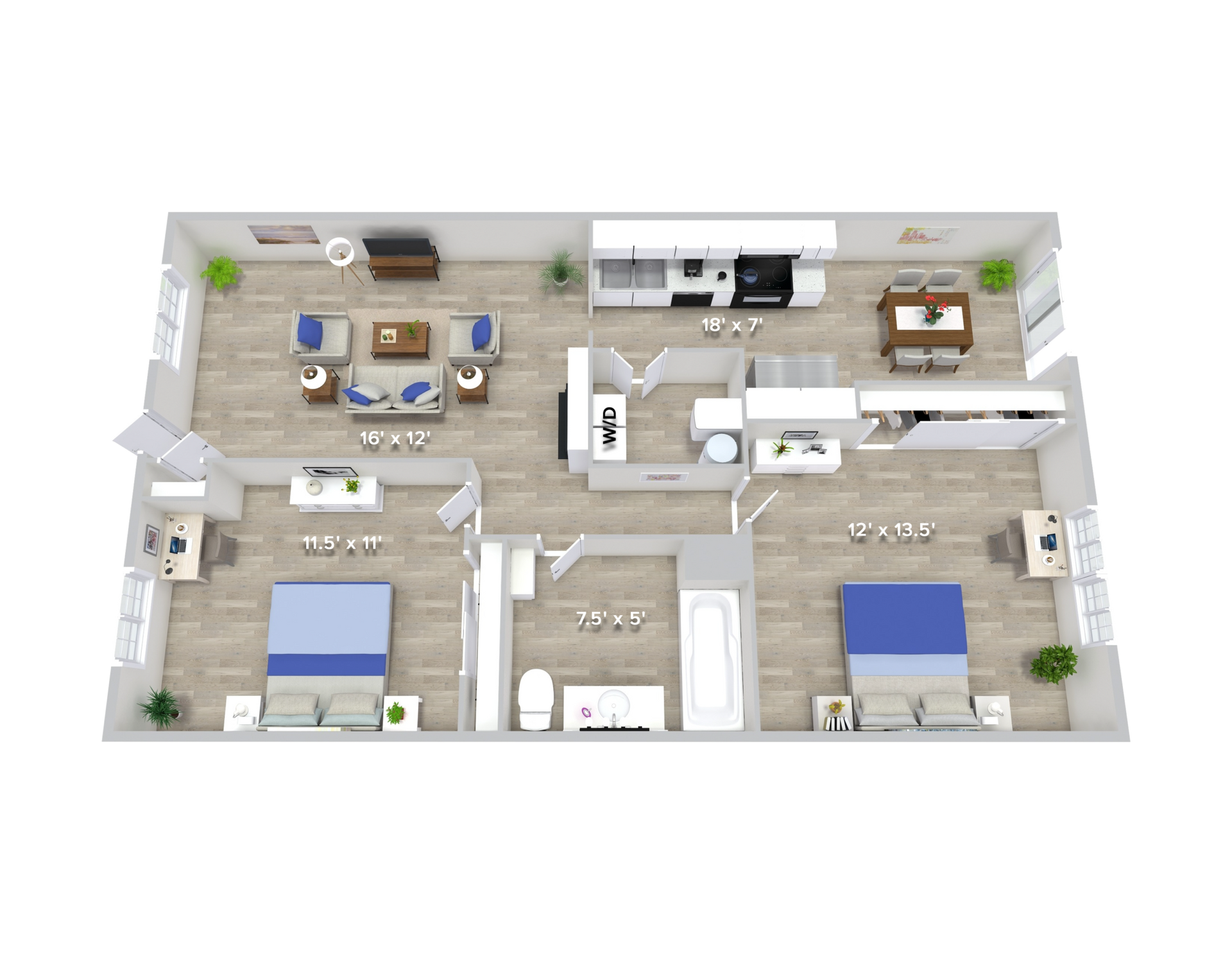 Floor plan: Two-bedroom apartment with living, dining, and kitchen areas. Includes furniture and windows.