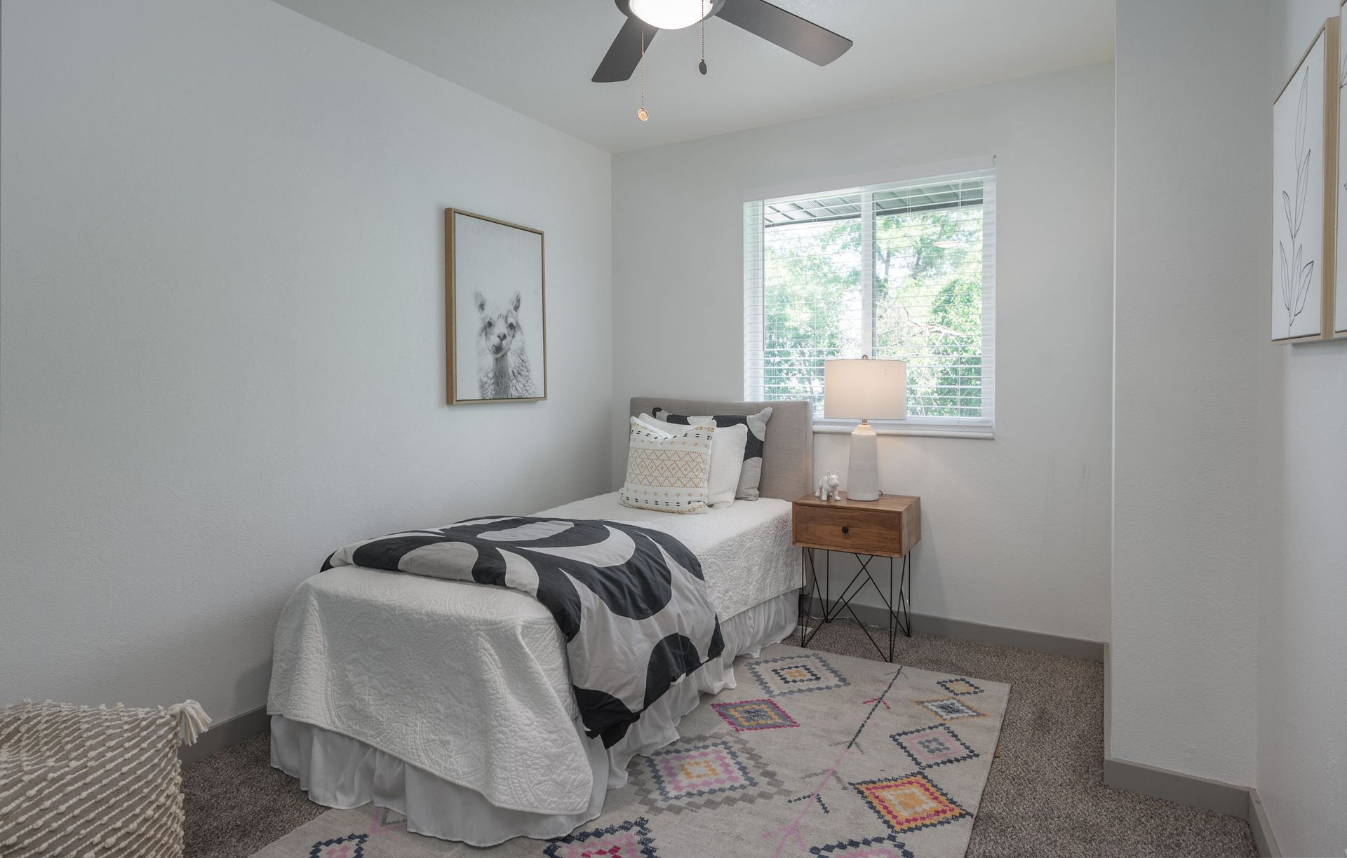 Bedroom with a twin bed, white walls, and a window with natural light.
