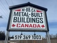 A sign for metalbuilt.ca, Metal-Built Buildings Canada