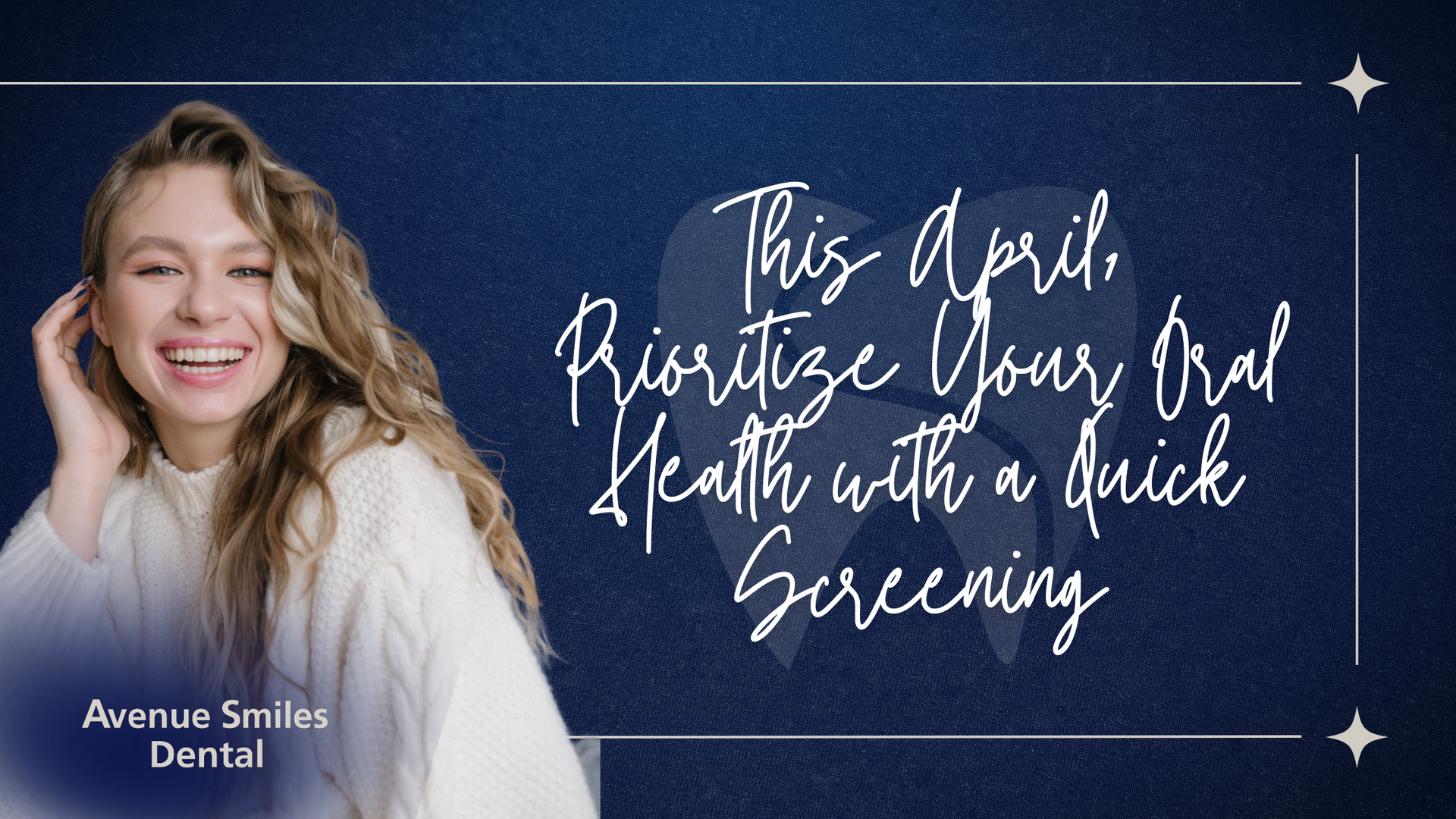 Woman smiling near text promoting oral health screenings.