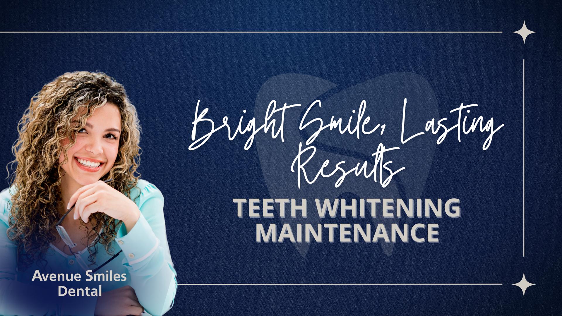Woman smiling, teeth whitening ad. Text: Bright Smile, Lasting Results. Blue background.