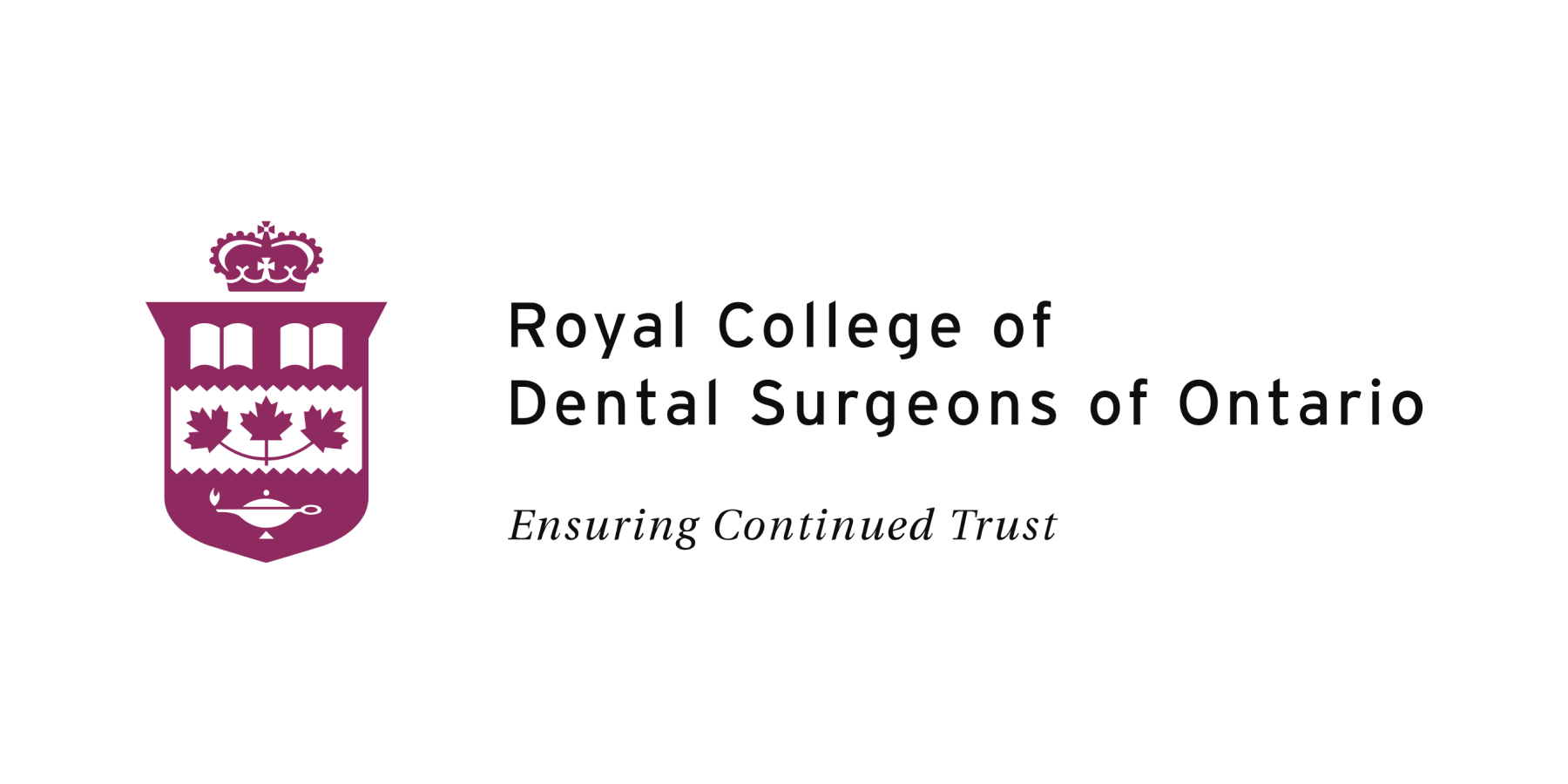 Royal College of Dental Surgeons of Ontario logo. Burgundy crest with crown, maple leaves, text: 