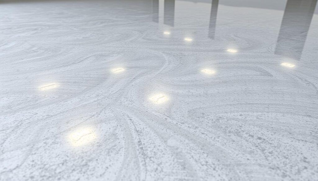 A detailed epoxy floor surface, showcasing its intricate textures and patterns. The floor is well-lit, with a soft, even illumination that accentuates the depth and sheen of the epoxy finish. The surface is free of any imperfections, dust, or debris, presenting a pristine and professional appearance. The perspective is slightly elevated, allowing the viewer to appreciate the expanse of the floor and its seamless, glossy finish. The overall mood is one of clarity, precision, and the high-quality workmanship associated with a well-executed epoxy floor recoat process. A detailed epoxy floor surface, showcasing its intricate textures and patterns. The floor is well-lit, with a soft, even illumination that accentuates the depth and sheen of the epoxy finish. The surface is free of any imperfections, dust, or debris, presenting a pristine and professional appearance. The perspective is slightly elevated, allowing the viewer to appreciate the expanse of the floor and its seamless, glossy finish. The overall mood is one of clarity, precision, and the high-quality workmanship associated with a well-executed epoxy floor recoat process.