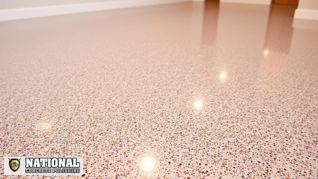Sparkling epoxy surface finish with iridescent glitter flakes, captured in a close-up, high-resolution photograph. The surface is smooth and reflective, creating a mesmerizing, jewel-like effect. Warm, directional lighting casts subtle shadows, enhancing the depth and dimensionality of the material. The image is framed to showcase the intricate texture and shimmering details of the epoxy finish, inviting the viewer to appreciate the beauty and craftsmanship of this type of flooring. Introduction to Glitter Epoxy Floors