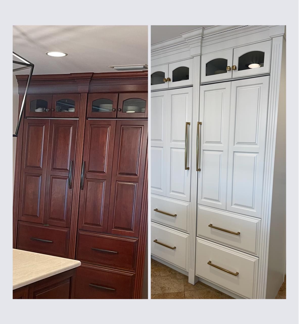 Kitchen cabinets, before and after. Dark brown cabinets transformed to white with brass hardware.